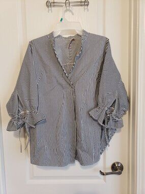 Sans & Sans contrast stripes, mandarin collar, short tie sleeve blouse, size L